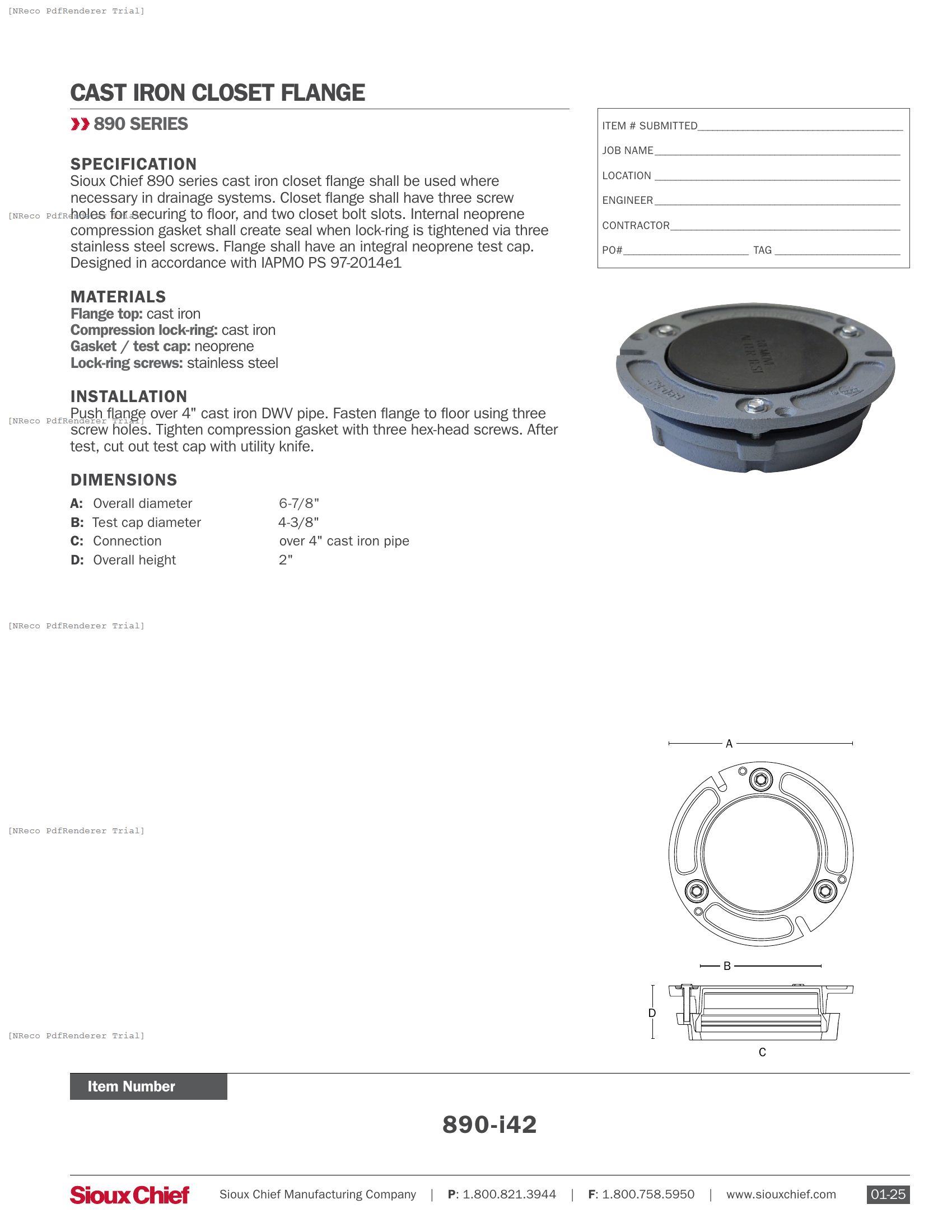 890-I42 - CAST IRON CLOSET FLANGE - SPEC SHEET.PDF Specification Document